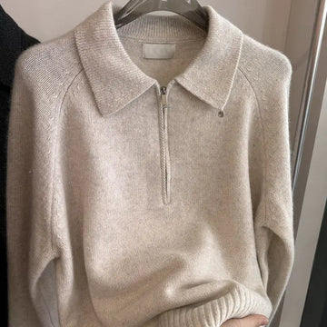 GETADME 2025 Fall Winter Pullover Women European Style Refined Shell Button Turn Down Collar Long Sleeve Premium Half Zip Knit Sweater